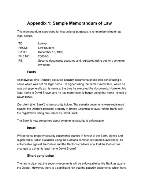Appendix 1 Legal Memo Appendix 1 Sample Memorandum Of Law This Appendix 1 Legal Memo Appendix 1 Sample Memorandum Of Law This