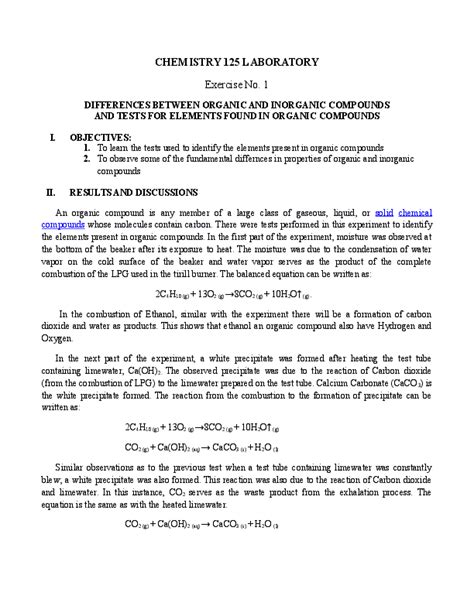 Doc Differences Between Organic And Inorganic Compounds And Tests For Elements Found In Organic Compounds Doc Differences Between Organic And Inorganic Compounds And Tests For Elements Found In Organic Compounds