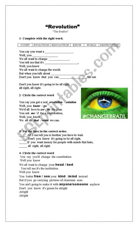 English Worksheets Revolution The Beatles English Worksheets Revolution The Beatles