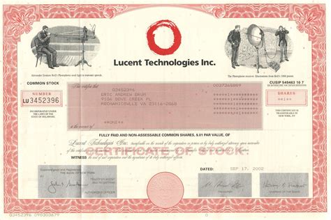 Lucent Technologies Stock Certificate 2002 Telecom Equipment Lucent Technologies Stock Certificate 2002 Telecom Equipment