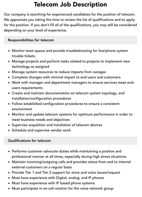 Telecom Job Description Velvet Jobs Telecom Job Description Velvet Jobs